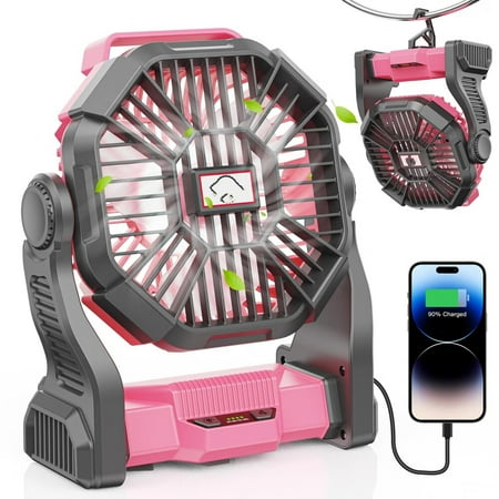 Camping Fan with LED Lantern 10000mAh Portable Rechargeable Battery Powered Table Fan with Hook Camping Gear for Picnic Fishing Car or Hurricane Power Outages (Pink)