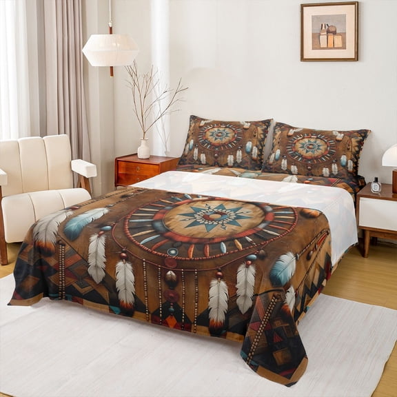 Feelyou Brown Dreamcatcher Full Size Sheets, Hippie Tribal Triangle Bed Sheets, Southwestern Style Sheet Sets, Lightweight Room Decor, 4pcs