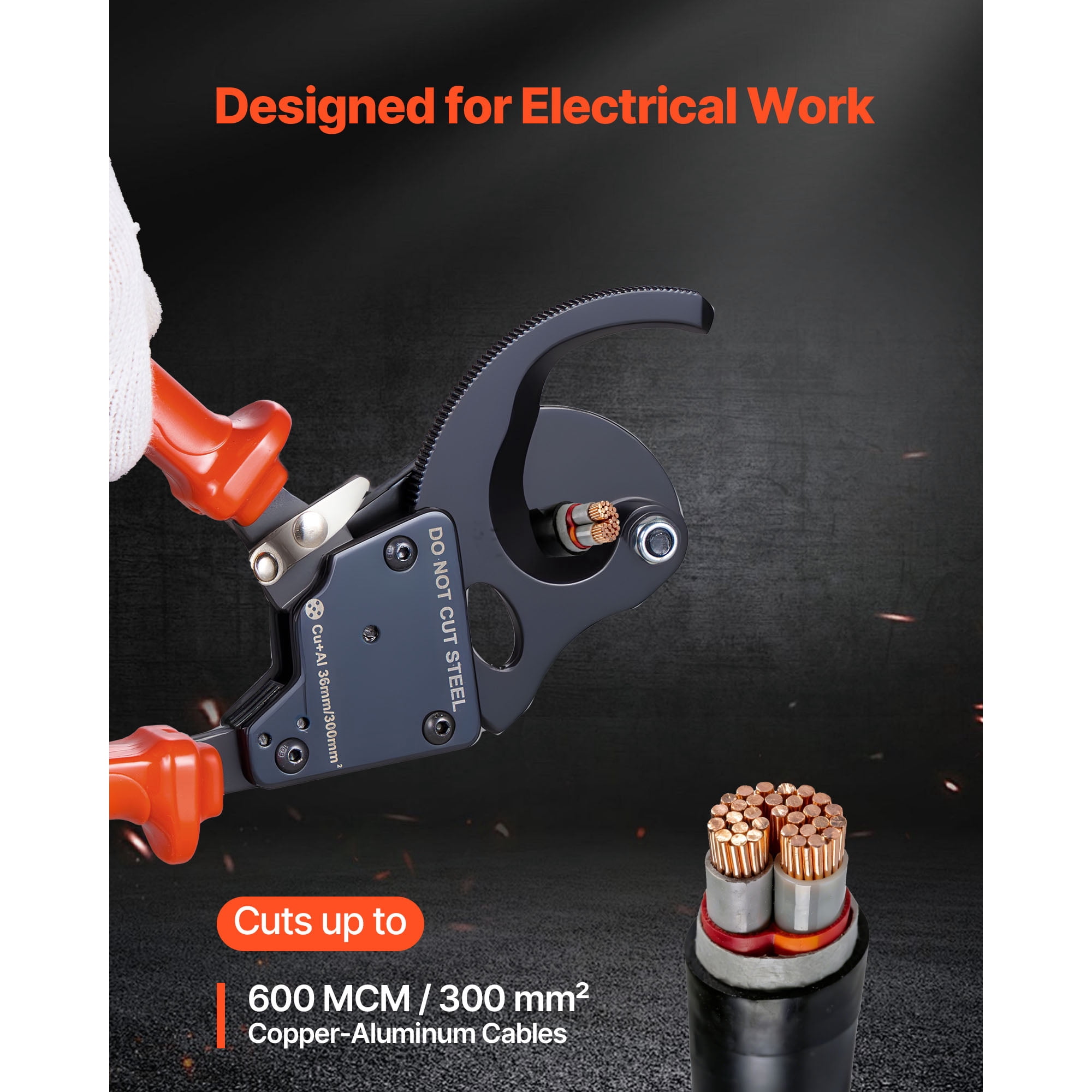 KFFKFF Ratcheting Cable Cutter with Spring Steel Blades, PVC-Coated Handles, Quick-Release Button, Durable Tool for Cutting Copper and Aluminum Cables Up to 600 MCM / 300 mm²