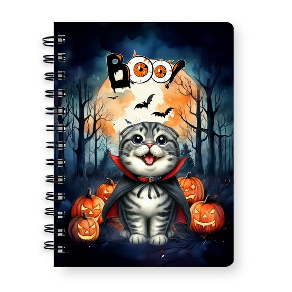 Happy Halloween Vampire Scottish Fold BOO with Pumpkins Fun and Spooky Spiral Bound Journal Cat Lover Kitten Owner Gifts 5x7in Spiral Notebook - 00018
