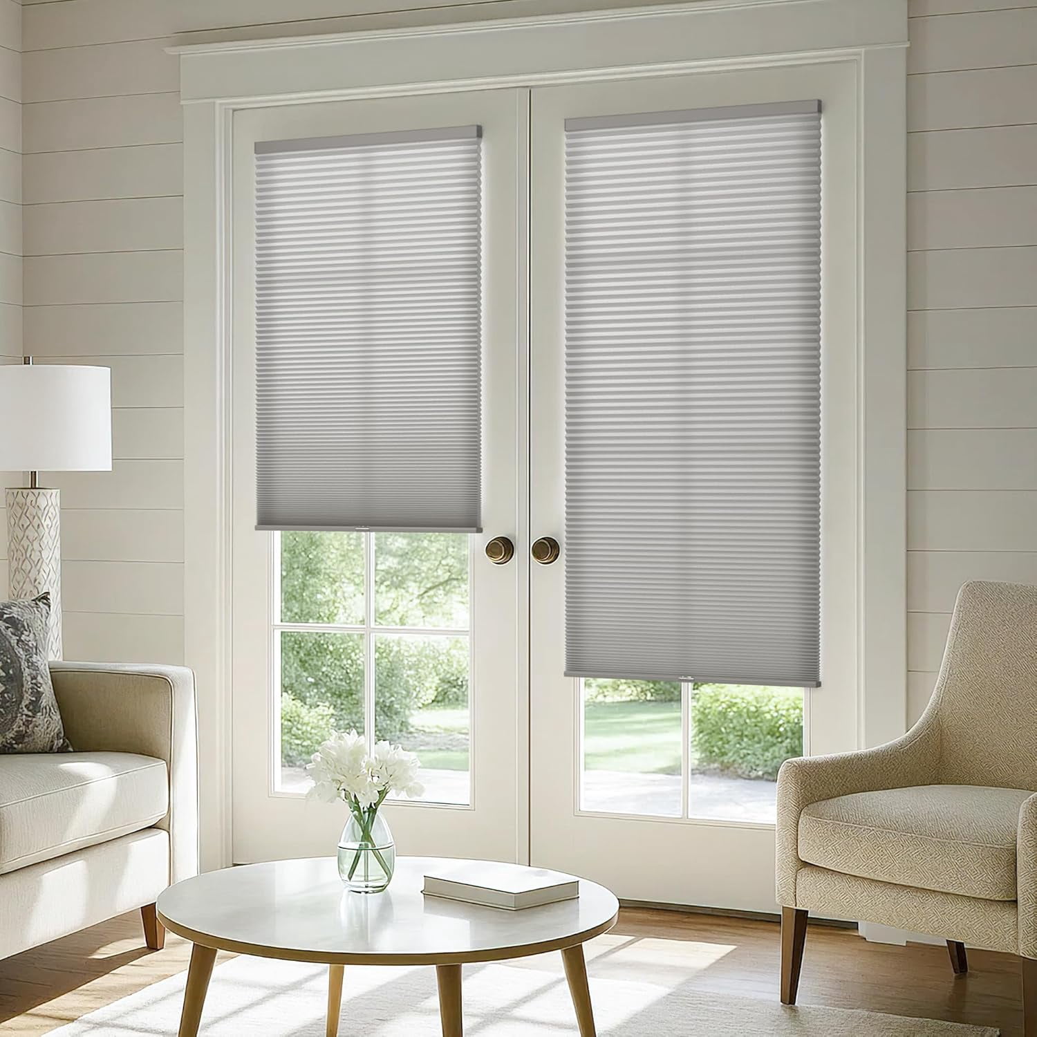 LazBlinds Cordless Cellular Shades for French Doors, No Drill French Door Blinds for Privacy, Light Filtering Honeycomb Shades for Front Door Patio Sliding Glass Door, 1 Pack, 34" W x 78" H, Grey