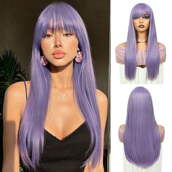 Phocas Long Purple Wig for Women 22 Inch Straight Wigs with Bangs Heat Resistant Synthetic Fiber Material