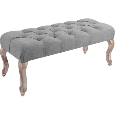 DAGONHIL Vintage Button-Tufted Bench - 40"L Grey Linen Upholstered Bench, Rubberwood Legs, 300 Lb Capacity