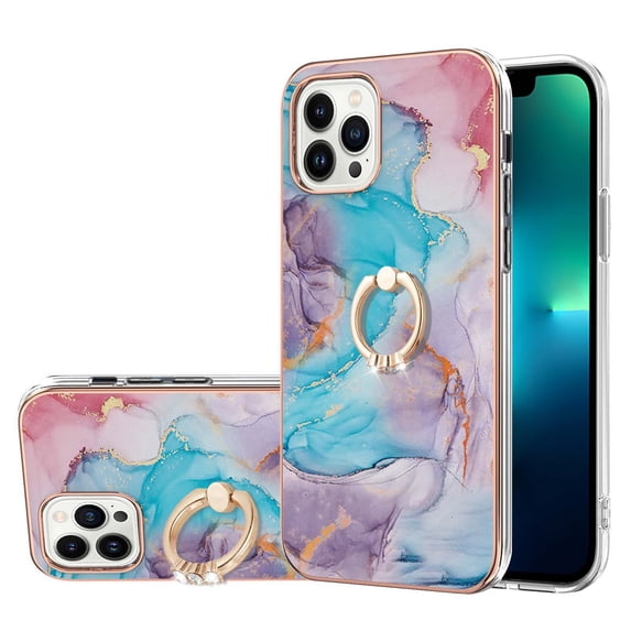 SaniMore for Apple iPhone 14 Pro Max Case 6.7-inch, Shockproof TPU Fashion Marble Pattern Cover for iPhone 14 Pro Max Women Men with Ring Kickstand Holder Clear Bumper Protection Cover, Blue