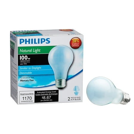 Energy Saving Natural 226993 72-Watt A19 Halogen Light Bulb, Natural Light, Dimmable, 2-Pack, Provides 25 Percent energy savings By Philips from USA ()
