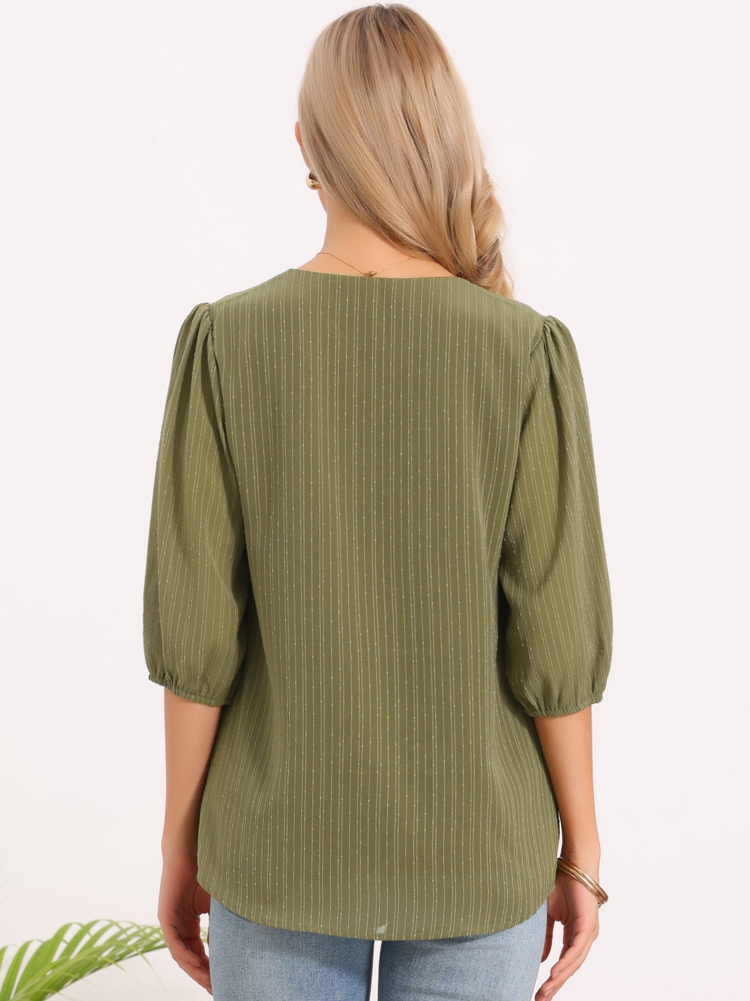DARING DIVA Women's Chiffon Blouse Lantern Sleeve V Neck Embroidery Tunic XL Army Green