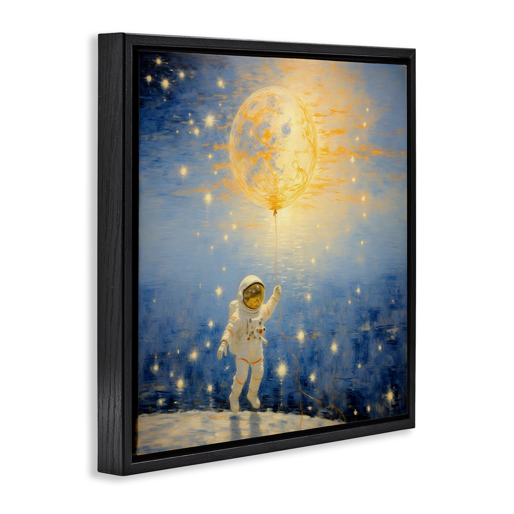 Astronaut with Dreamy Cosmic Balloon Black Framed Floater Canvas Wall Art, design by Angie Hawke