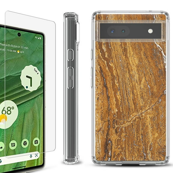 Shockproof Bumper Phone Case for Google Pixel 6a, with Tempered Glass Screen Protector, by OneToughShield ® - Marble / Earth