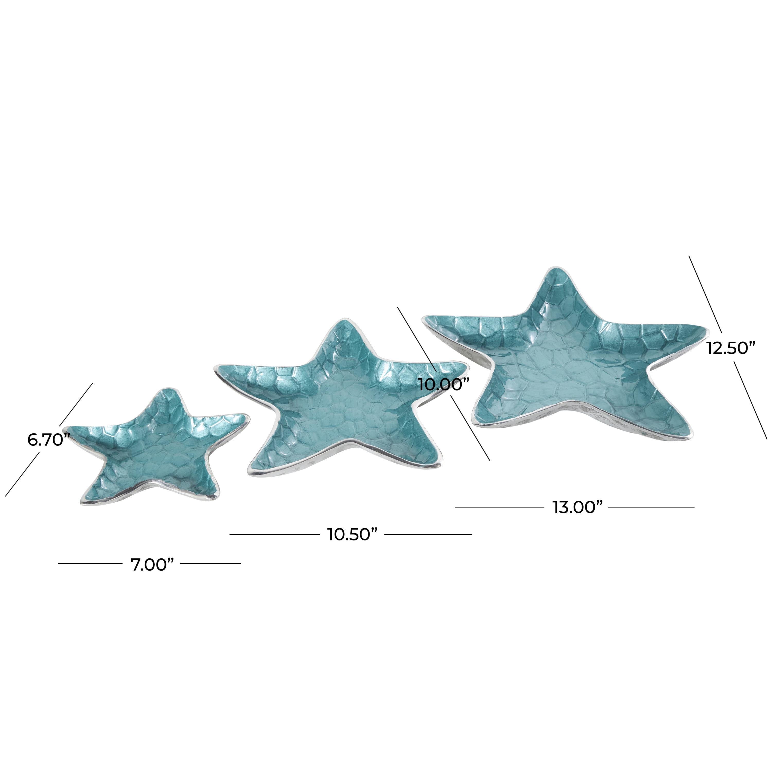 DecMode 13", 11", 7"W Handmade Asymmetrical Textured Enameled Starfish Aluminum Metal Decorative Bowl with Silver Base, Set of 3