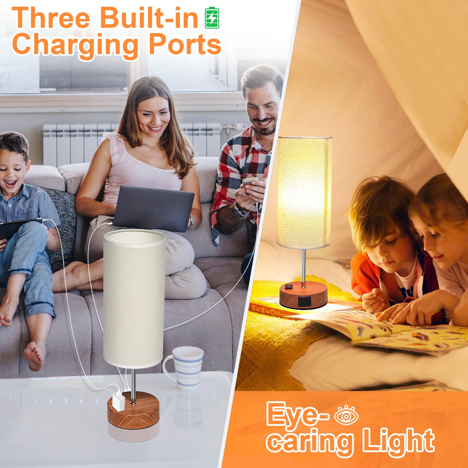 Table Lamps for Bedroom, 3 Way Dimmable Touch Control Bedside Lamp with USB C+A Fast Charging Ports, Nightstand Lamp for Office, Living Room, Reading(E26 Light Bulb Included), Wood