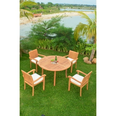 Teak Dining Set:4 Seater 5 Pc - 52" Round Table And 4 Stacking Leveb Arm Chairs Outdoor Patio ...