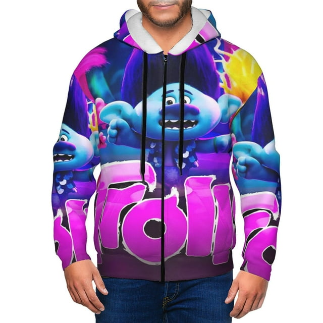 Zufioo Trolls Band Together Pattern Men's Premium Zip-Up Hoodie, Soft Sweatshirt, Moisture Wicking & Breathable Jacket-Small