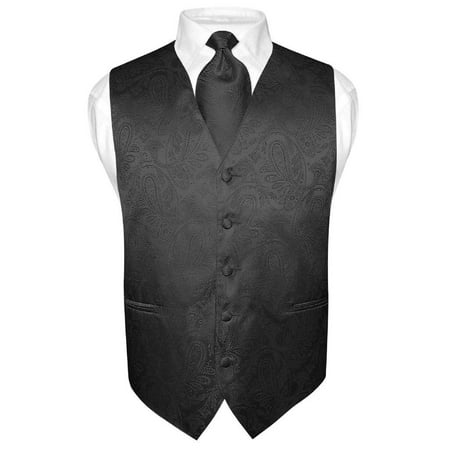 Men's Paisley Design Dress Vest & NeckTie BLACK Color Neck Tie Set for Suit