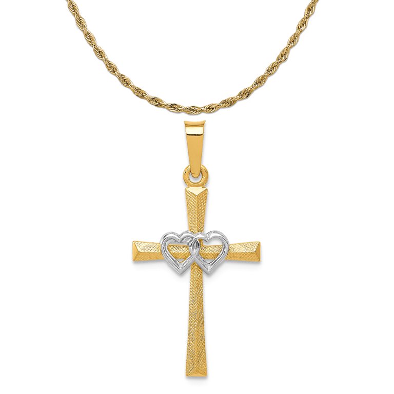 14K Two-Tone Gold Textured And Polished Latin Cross With Hearts