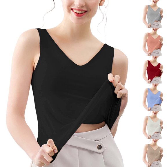 Miorin Women Seamless Ice Silk Deep V Neck Tank Tops, Wide Strap Sleeveless Undershirt, Solid Slim Fit Layering Cami, Cooling Breathable Base Tee for Summer Daily Office Inner Wear, Grey L