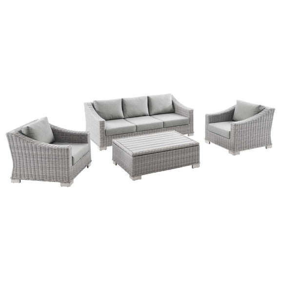 Lounge Sectional Sofa Chair Set, Rattan, Wicker, Grey Gray, Modern Contemporary Urban Design, Outdoor Patio Balcony Cafe Bistro Garden Furniture Hotel Hospitality