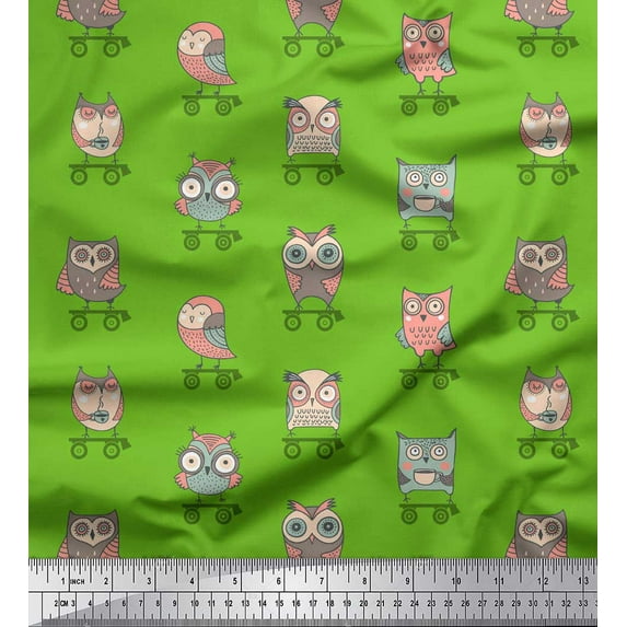 Soimoi Green Rayon Fabric Skates & Owl Cartoon Print Sewing Fabric Yard 42 Inch Wide