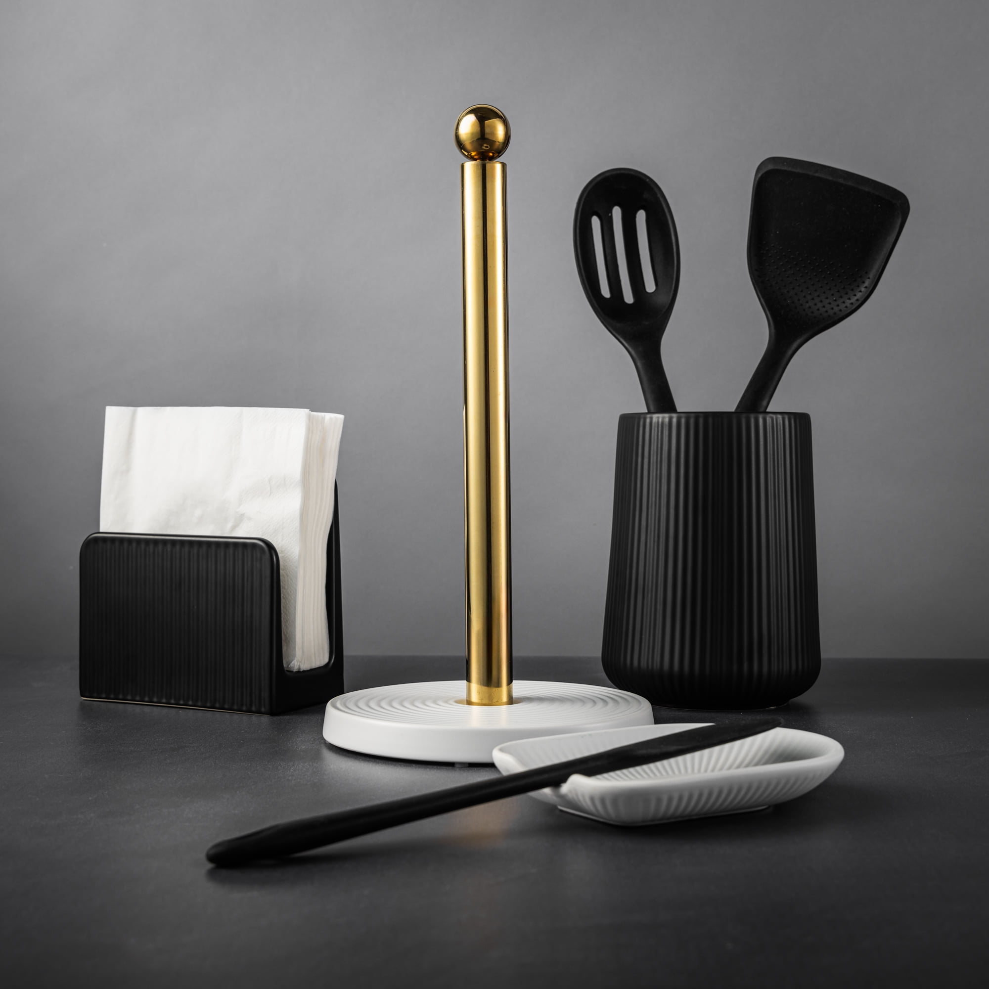 Thyme & Table Paper Towel Holder with Ribbed Ceramic Base, White and Gold