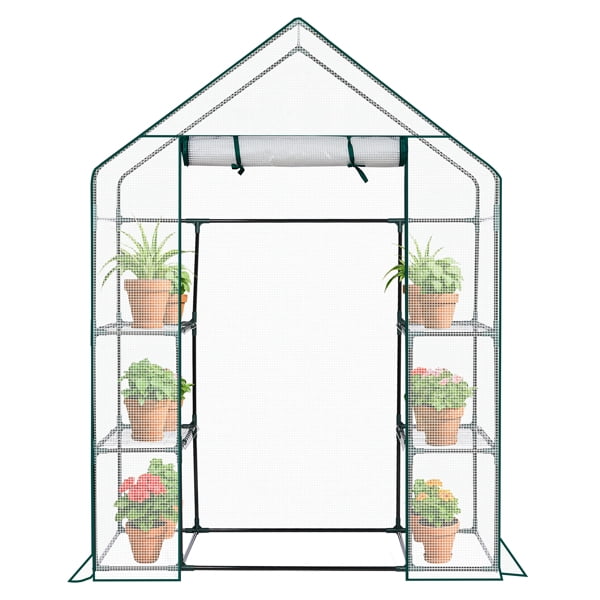 Mini Walk-in Greenhouse with PE Cover, 4-Shelf Indoor Outdoor Plant Gardening Green House for Garden Backyard, 56" x 29" x 77", White