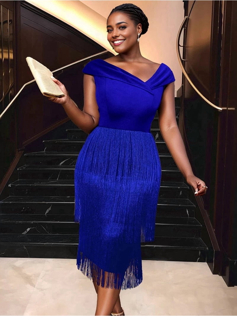 blue 1920s flapper dress Women'S Plus Size 1920s Flapper Dress Sleeveless Deep V Neck Fringe All  over Tassel Tiered Prom Party Midi Dress Blue S