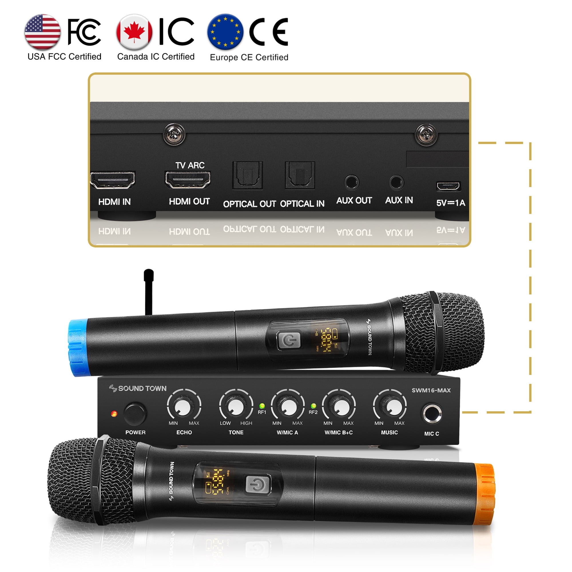 Morgenøvelser Recept skade Sound Town Wireless Microphone Karaoke Mixer System with HDMI ARC, Optical  (Toslink), AUX, Supports Smart TV, Media Box, PC, Bluetooth, Soundbar,  Receiver (SWM16-MAX) - Walmart.com