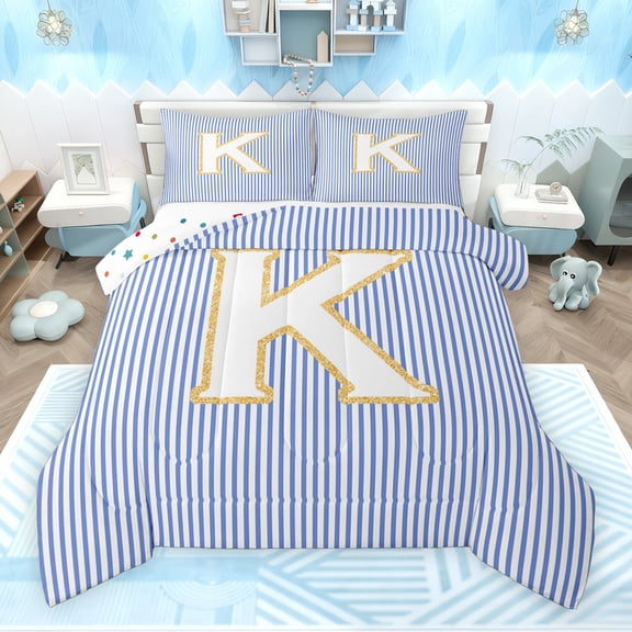 Feelyou Initial K Letter Bedding Comforter Set for Kid, Fashion Stripes Ombre Twin Comforter Sets, Fairy Tale Princess Reversible Bedding Set, Breathable Home Decor, 2pcs