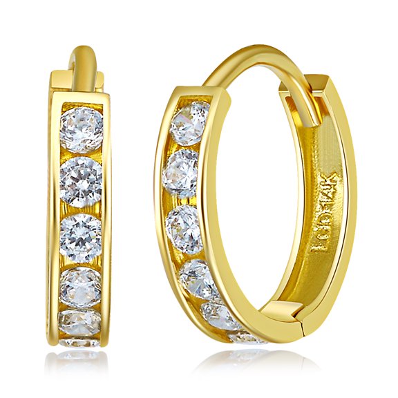 Wellingsale Ladies 14k Yellow Gold Polished 2mm CZ Channel-set Hoop Huggies Earrings (11 x 11 mm)