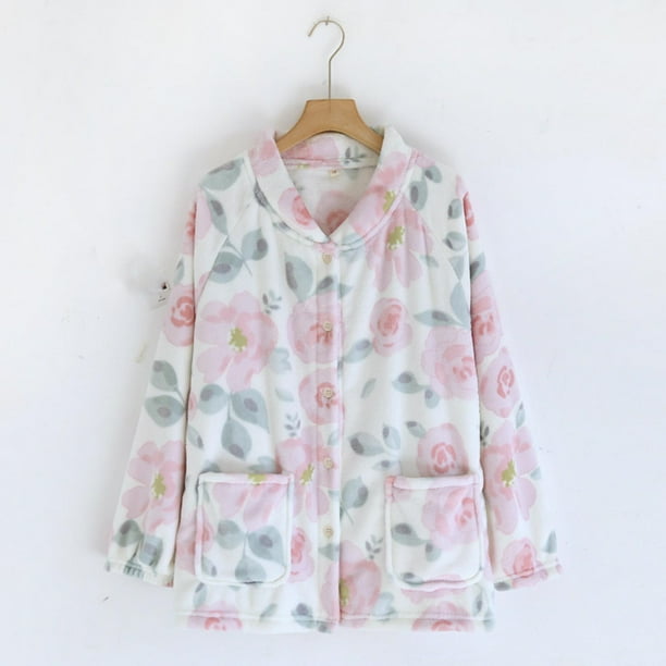 Pijama de manga larga para mujer, de invierno, grueso, liso, con botones, manga larga, cálido y terciopelo, para el hogar. Pijama de poliéster para mujer.