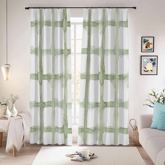 Sage Green Buffalo Plaid Blackout Curtains for Bedroom/Living Room, Pinch Pleated Black Out Curtains, Farmhouse Check Stripes Geometric Room Darkening Window Drapes with Hooks 2 Panels, 39"x70"