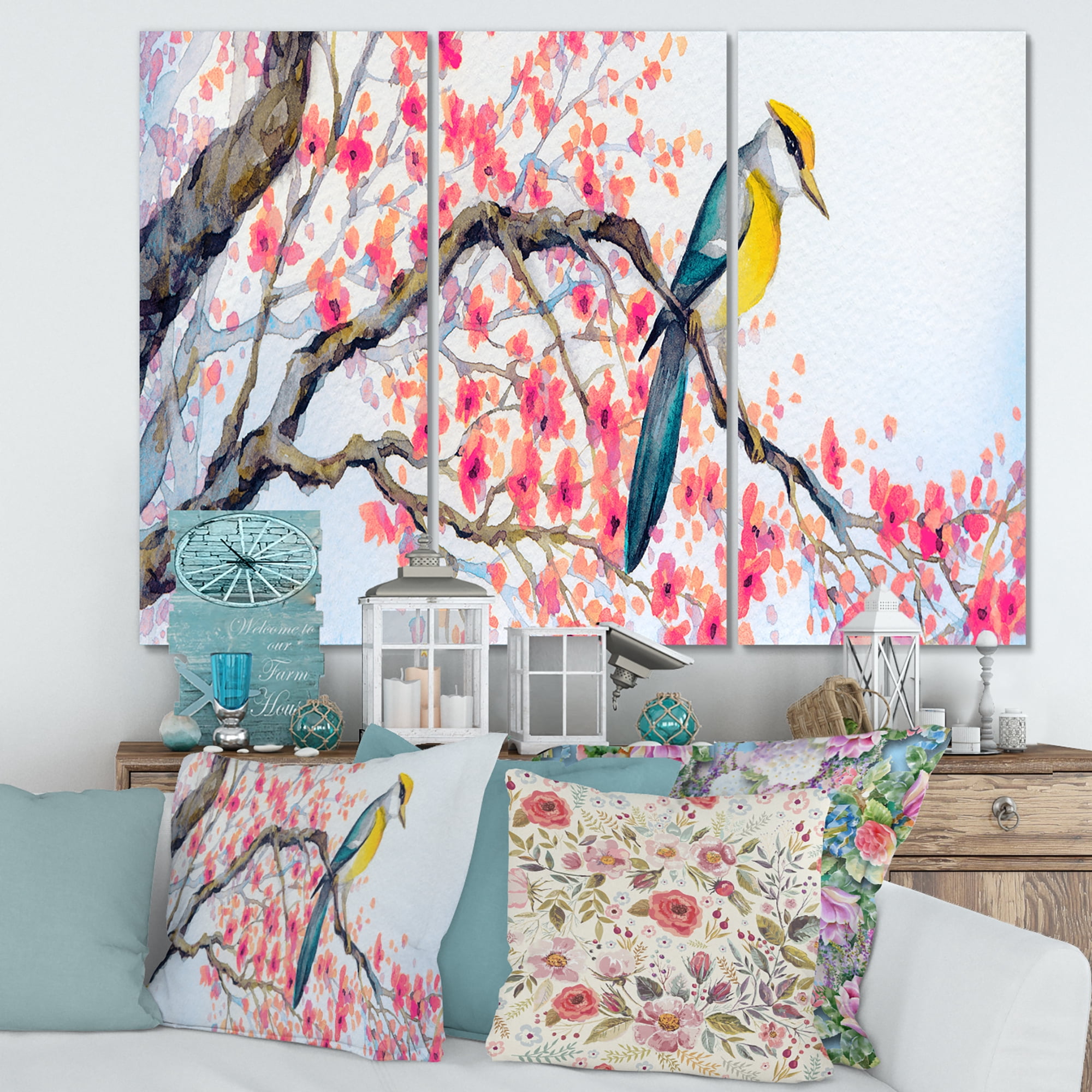 Designart ' Beautiful Pink Bird Sitting On Flowering Branch I ' Traditional Canvas Wall Art Print