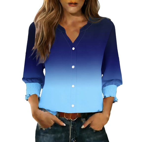 Sexlip Womens Ombre Print Button Down Blouse 3/4 Sleeve Design Breathable Fabric Relaxed Silhouette for Office Wear Blue L