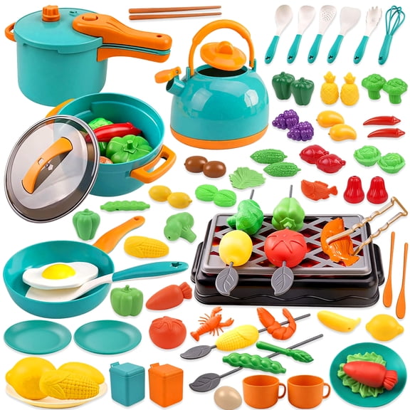 LINXUXIE 94PCS Kitchen Playset Accessories for Kids, Pretend Cooking with Food Fruit Veges & Cookware, Baby Birthday Gift for 1-3 3-5 5-8 Year Old