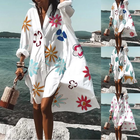 Women's V Neck Floral Mini Dresses Long Sleeve Swimwear Beach Blouse Bikini Beachwear Swimwear Beach Skirts Flowy Boho Dress Green S-XXL