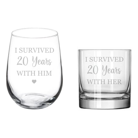 Set of 2 Glasses Stemless WINE & ROCKS Whiskey Gift I Survived 20 Years 20th Anniversary