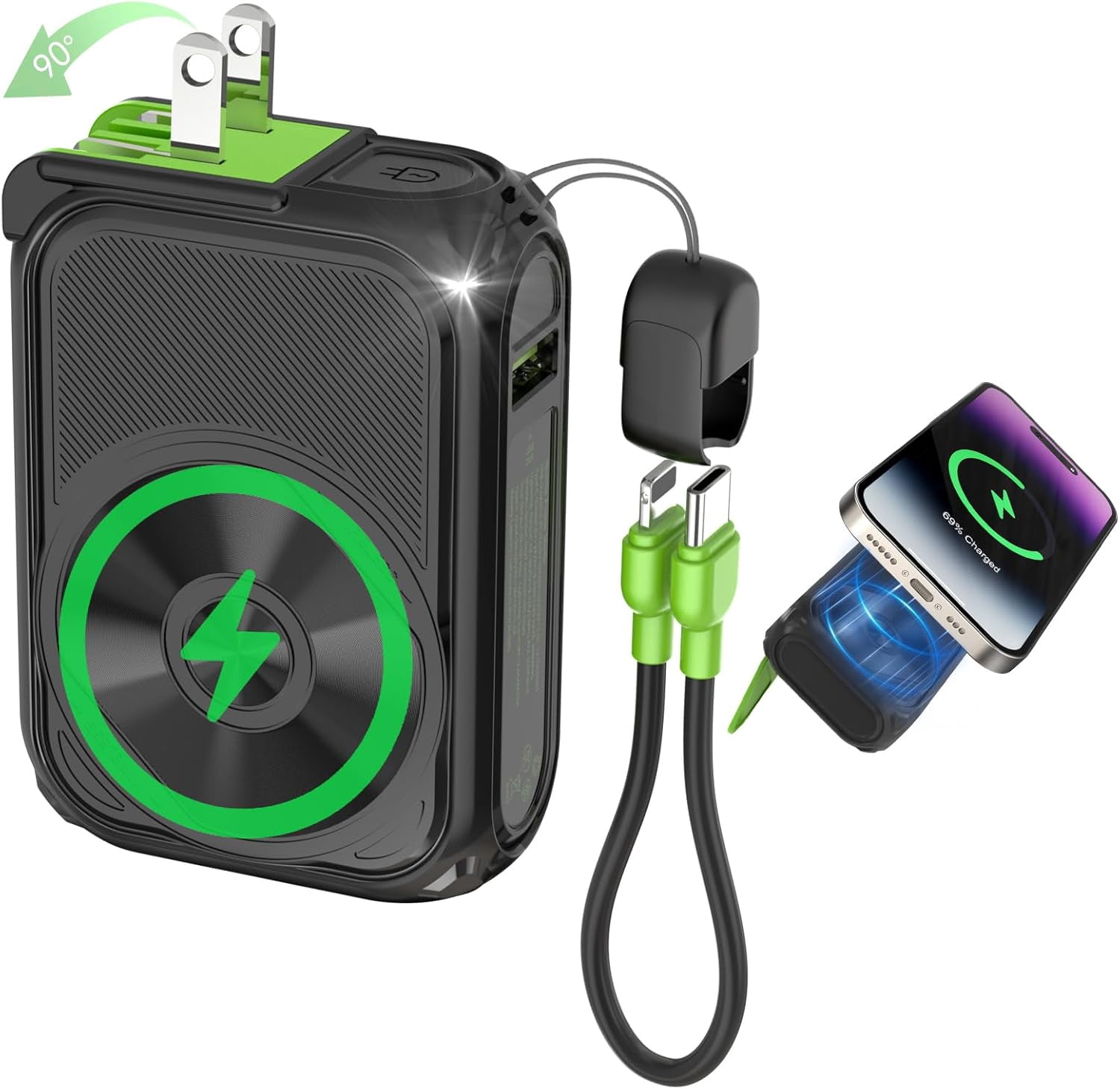 RGHJAR-P05 Portable Charger, Magnetic Power Bank, Small Wireless PowerBank,Emergency Battery Pack 10000mAh Travel Essentials Fast Charging with Built in Cable, Wall Plug for iPhone,Samsung,Andriod