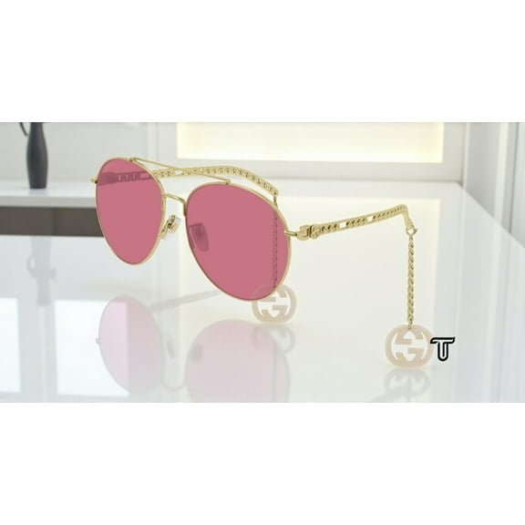 GUCCI GG0725S 003 Round Oval Gold Beige Red 61 mm Women's Sunglasses