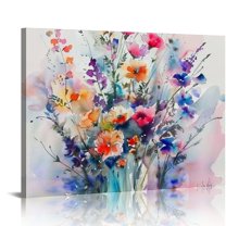 BCIIG Floral Botanical Canvas Wall Art Vintage Plant Flower Watercolor Blue Yellow Wildflower Print Painting Rustic Cottage Artwork for Bedroom Living Room Decor ,20"x16" Unframed 20x16in