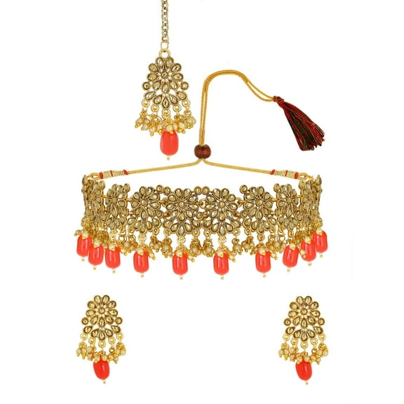 Efulgenz Indian Jewelry Choker Necklace Maang Tikka Earrings Bollywood Wedding Crystal Kundan Necklace Earrings Head Chain Set