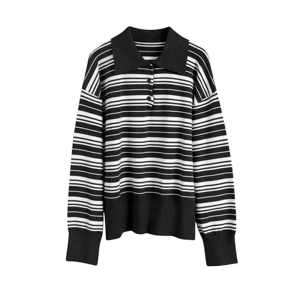 Dagegui Womens Striped Sweater Vintage Long Sleeve Lapel Jumper Y2K Tops Preppy Button Knitted Pullover Black,S