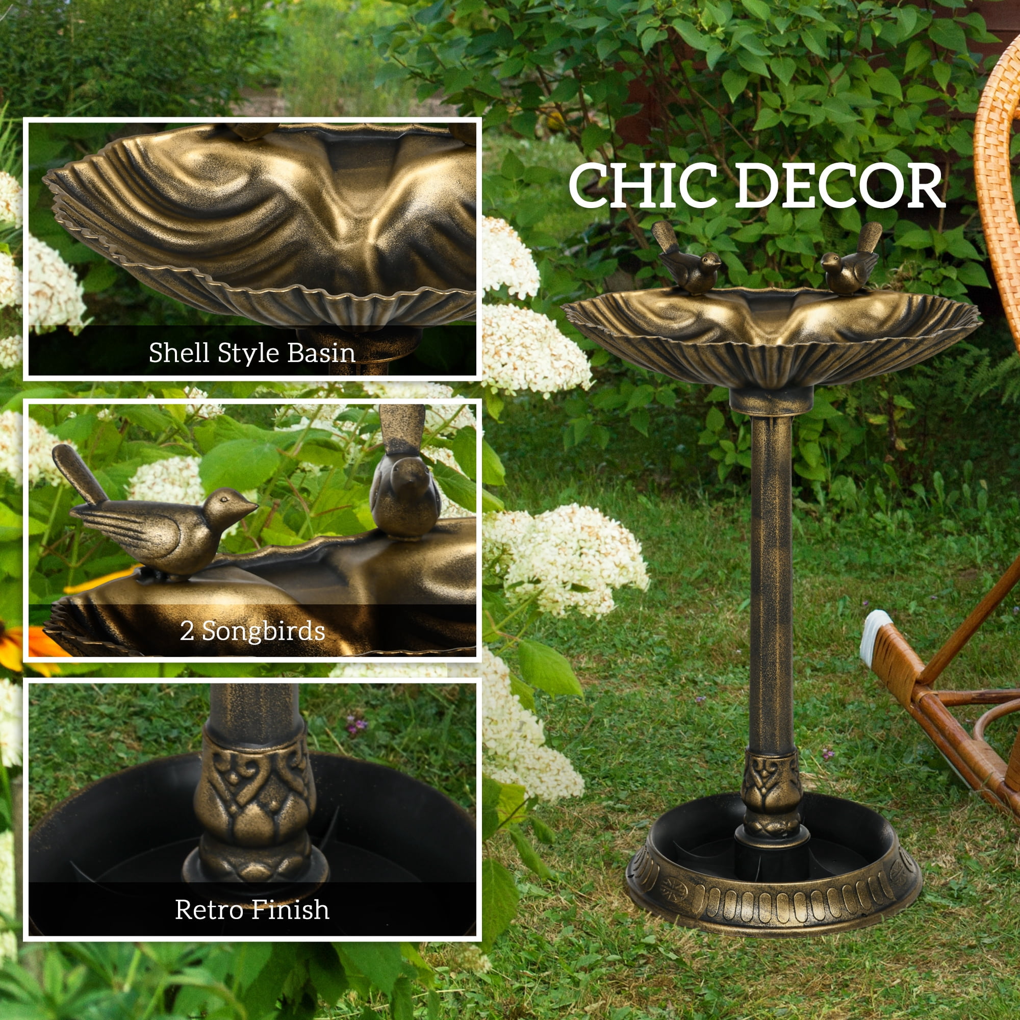DUOSONG Outsunny 32" Antique Bird Bath With Pedestal Flower Planter Base, Vintage Style Decorative Birdbath, Bird Feeder Bowl & Planter Decoration Yard Statue, Bronze Bronze Polypropylene Other