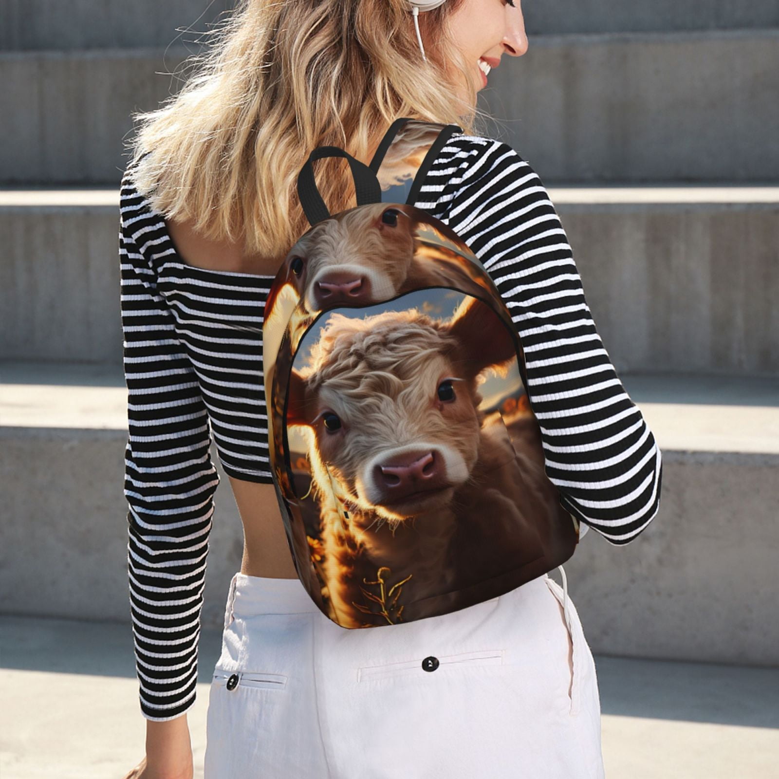 Picia Sunset Sunflower Small Cow Printed Canvas Daypack - Stylish and Durable Vintage Compact Backpack - Class, Work, Travel, or Laptop Bookbag,Organized Compartments-Medium