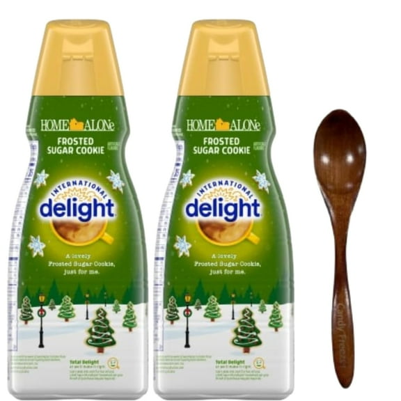 Candy Freezer Int'l Delight Shelf-stable Non-dairy Liquid Coffee Creamer.- Pack of Two (2) 32 fl oz Bottles (Frosted Sugar Cookie) with Wooden Spoon