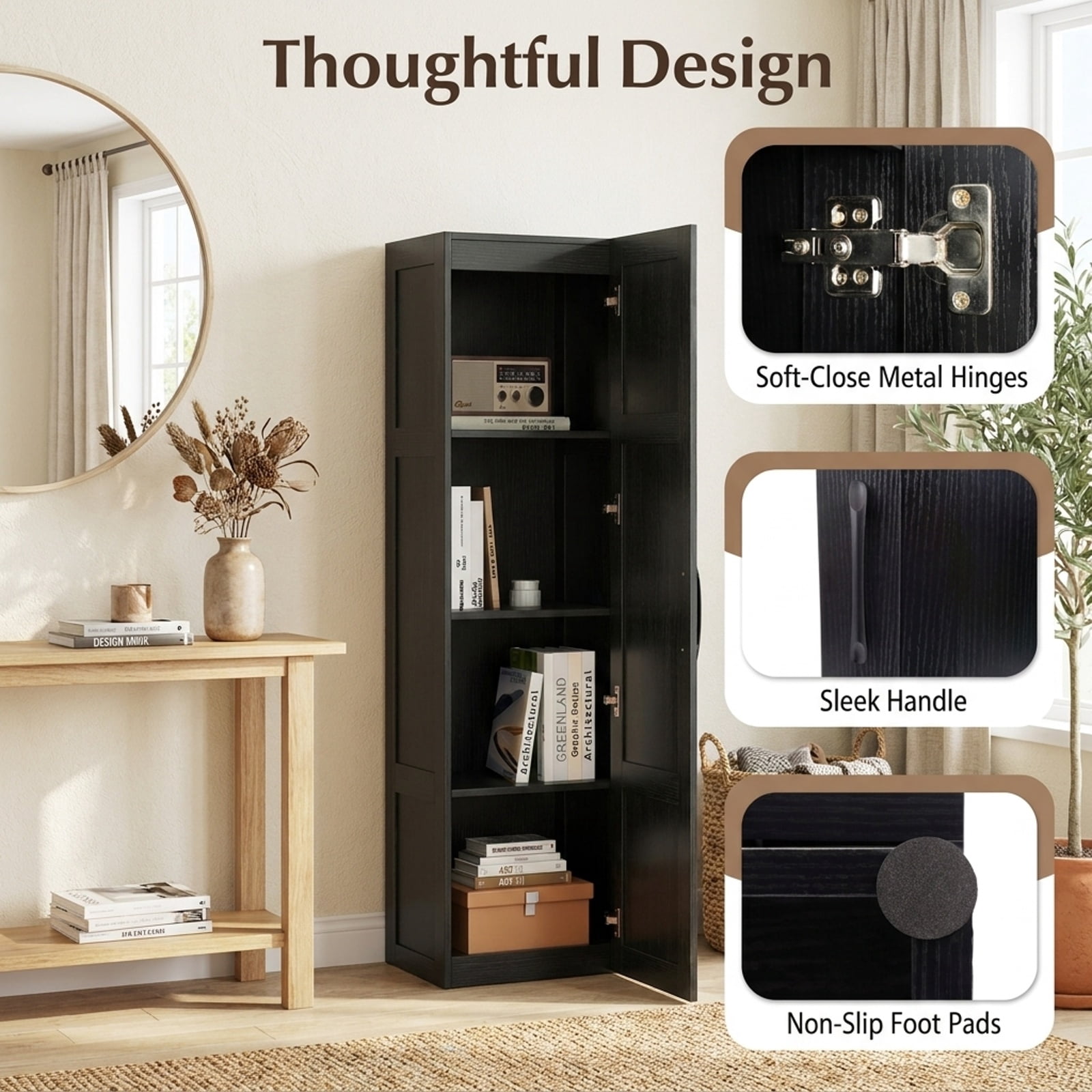 Vebreda Tall Bathroom Storage Cabinet with 4 Shelves, 59 in Narrow Freestanding Floor Cabinet with Soft-Close Door and Anti-Tip Kits, Black