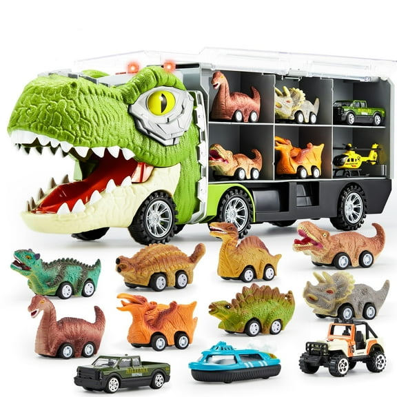 JOYIN 13 in 1 Dinosaur Toys for Kids 3-5, Dinosaur Truck with 12 Pull Back Cars, Small Cars Set, Birthday Gifts Toys for 3 4 5  Year Old Boy, Transport Carrier Truck for Toddlers 3-4 Years