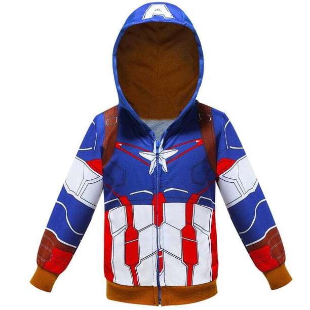 Nueva sudadera de otoño Superhéroe Capitán América Pijamas Cosplay Suéter Coches Dibujos animados Top Cremallera Sudadera con capucha Ropa para niños 140 (6 años) Gao Jinjia LED