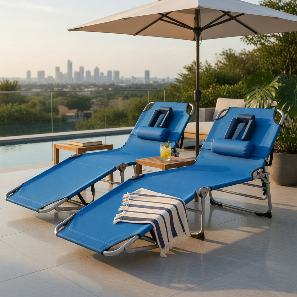 Hommoo Folding Chaise Lounge Chair with Face Hole, Adjustable Beach Lounger for Sunbathing, Camping, Fishing & Outdoor Napping, Blue