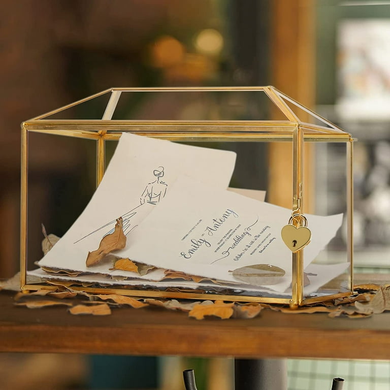 12.6x5.9x9 inches Large Glass Card Box Handmade with Slot and Lock, Wedding  Card Boxes for Reception, Graduation, Gift Cards, Party, Brass Geometric  Terrarium, Golden Decorative Box 