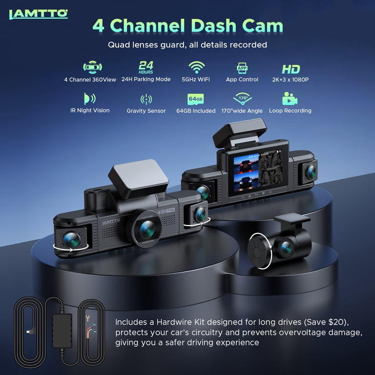 TOGUARD 360 Degree View 4 Channel Dash Cam Front and Rear Inside