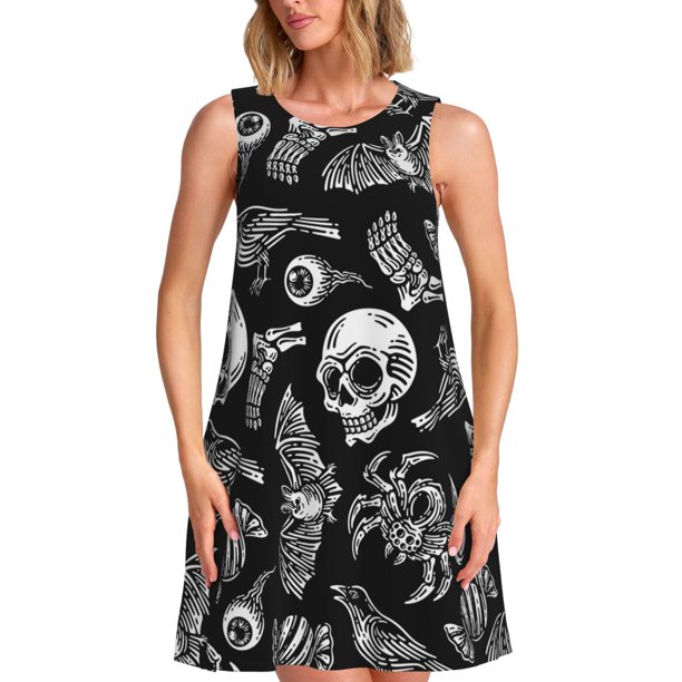 Easygdp Skull bird bat spider para Vestido Transpirable de Mujer, Vestido Suelto de Manga Corta con Pliegues y Bolsillos para el Verano