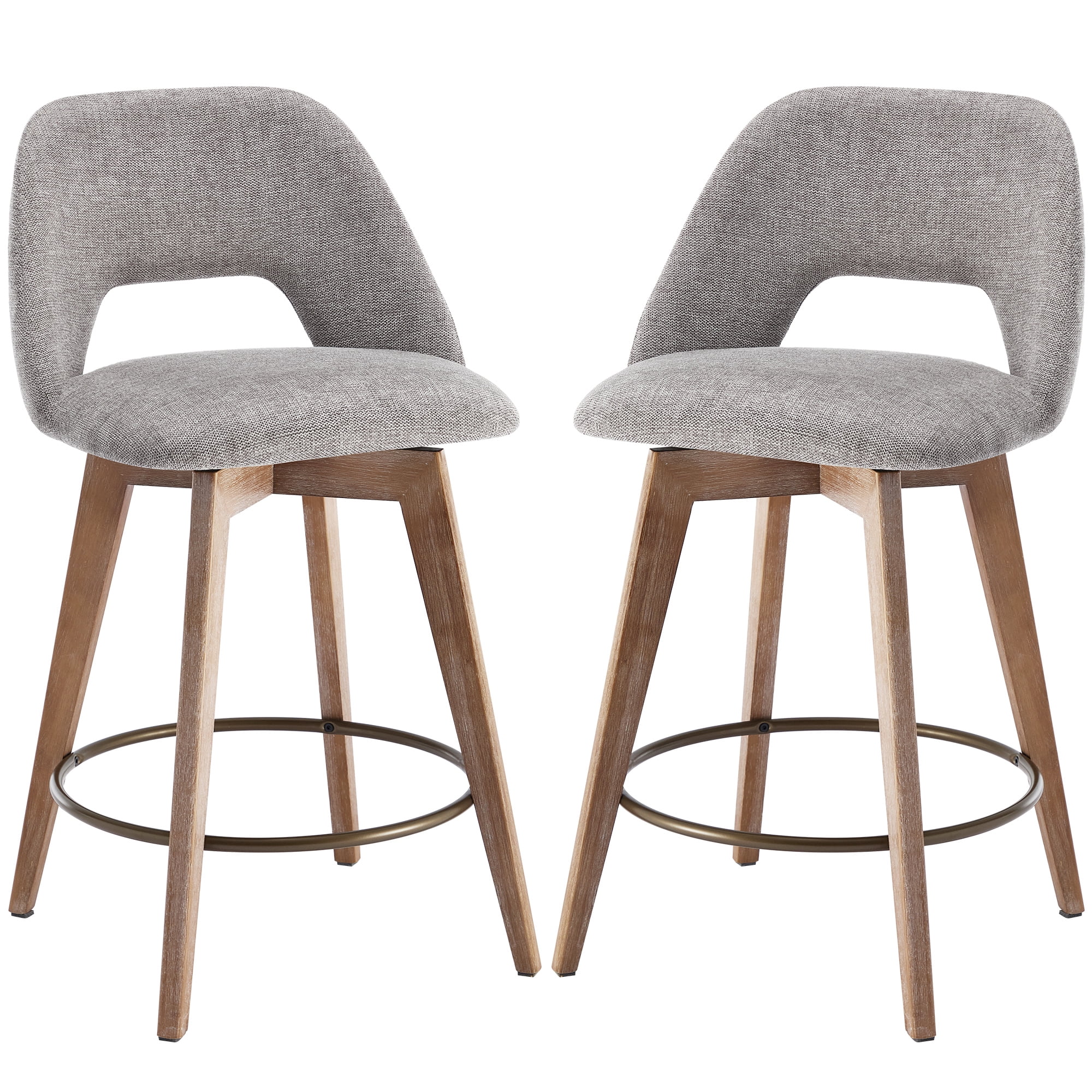 Zesthouse 26.8" Swivel Bar Stools Set of 2, Linen Upholstered Counter Height Stools with Open Back and Brushed Wooden Legs, Mid Century Barstools Kitchen Bar Chairs for 36"-39" Countertop, Gray
